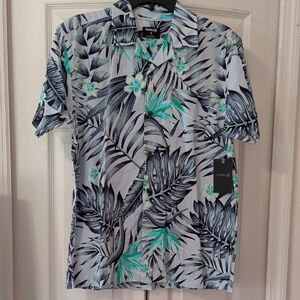 Hurley Light Blue, Teal & Black Tropical Print Short Sleeve Button-Down Shirt